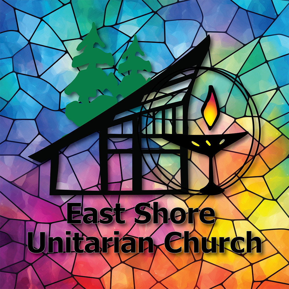 Logo of East Shore Unitarian Church with rainbow stained glass background